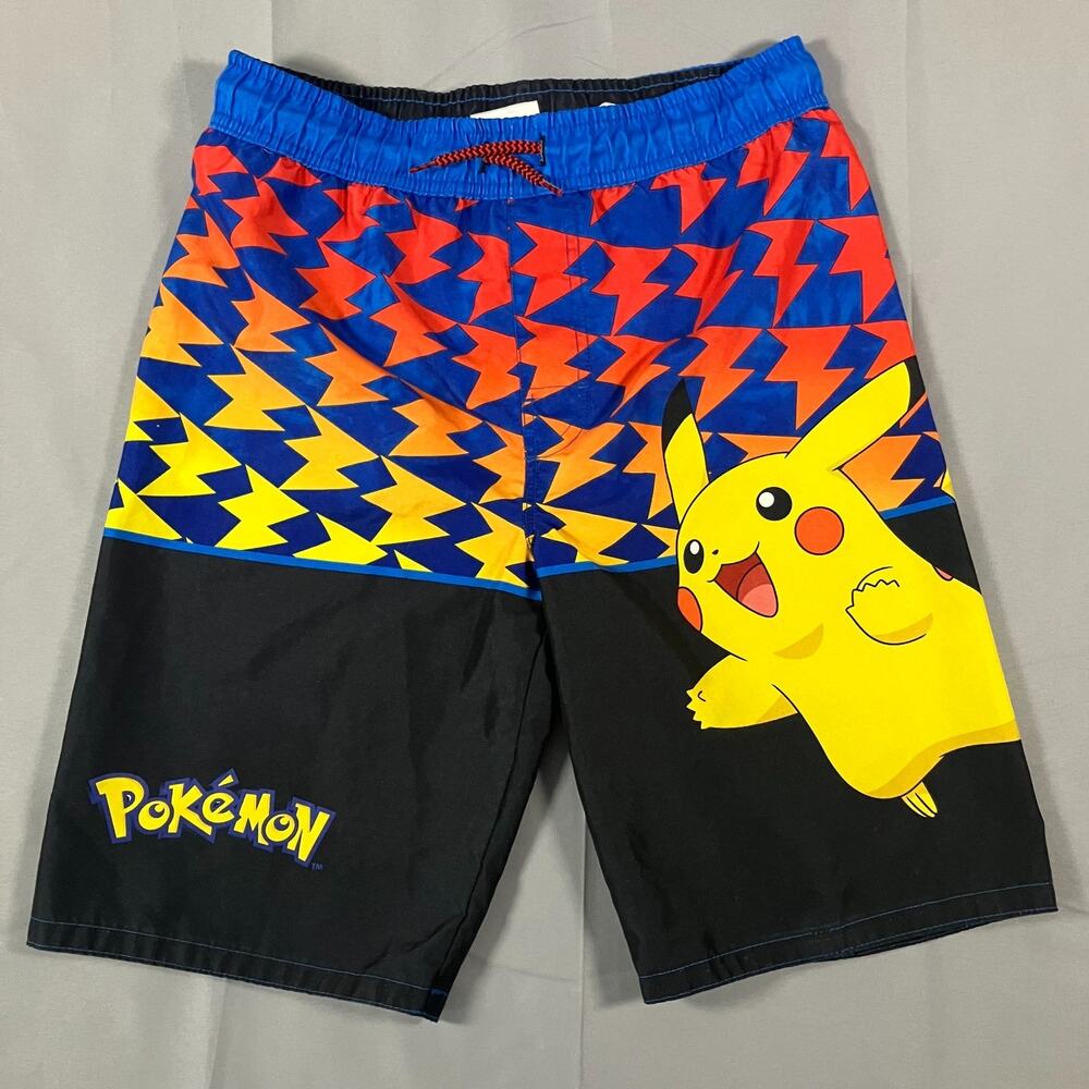 Pokémon Pikachu Swim Trunks Boys Large Black Blue Red‎ Yellow Lightning Print